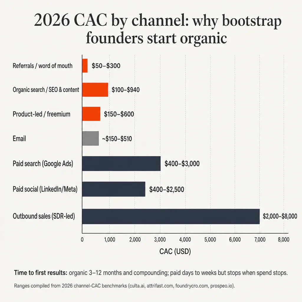 Horizontal bar chart of 2026 B2B customer acquisition cost ranges by channel, with referrals, organic SEO/content, an...