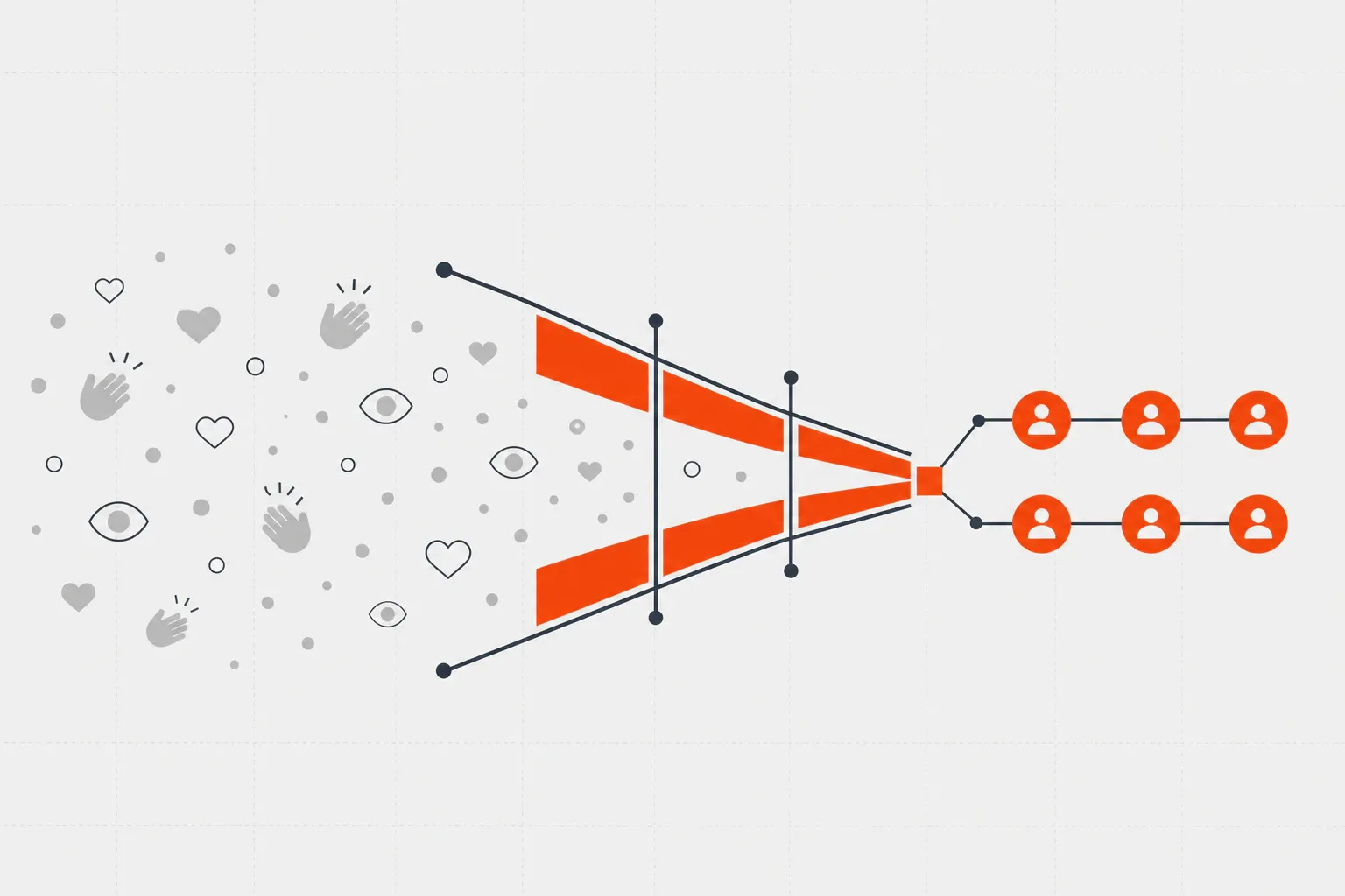 Abstract illustration of faded social reach icons flowing through an orange funnel and emerging as a smaller set of s...