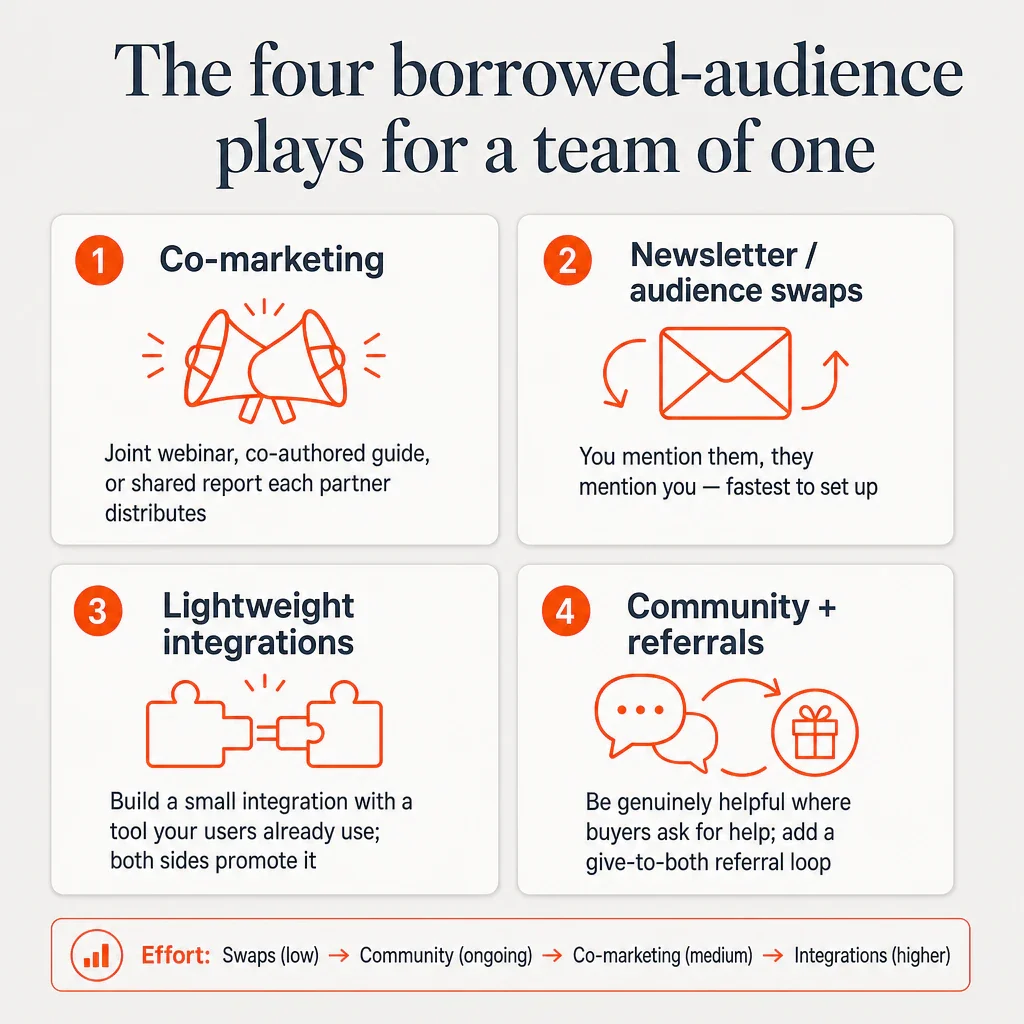 Infographic showing the four borrowed-audience plays — co-marketing, newsletter swaps, lightweight integrations, and...