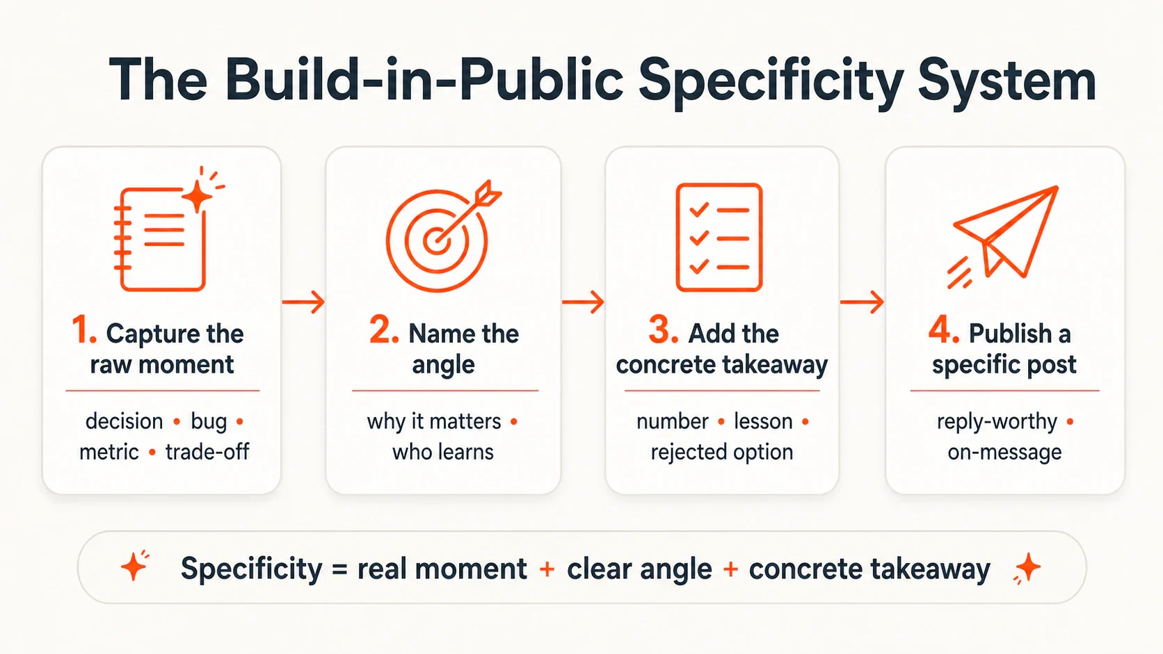 Four-step infographic showing the build-in-public specificity system: capture the raw moment, name the angle, add the...
