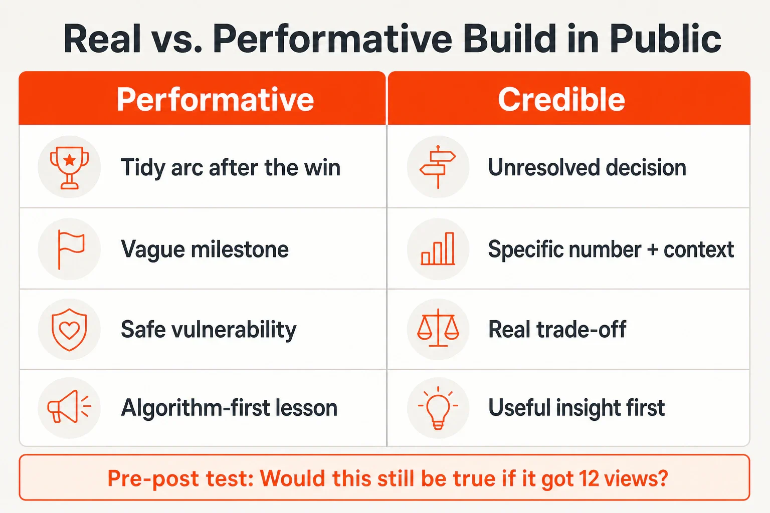 Two-column infographic comparing performative build in public with credible build in public using four diagnostic rows.
