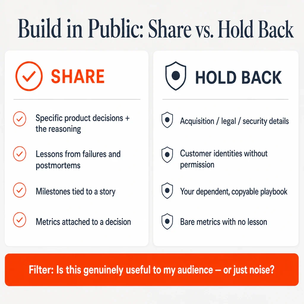Two-column infographic: SHARE (specific decisions, lessons from failures, milestones tied to a story, metrics attache...