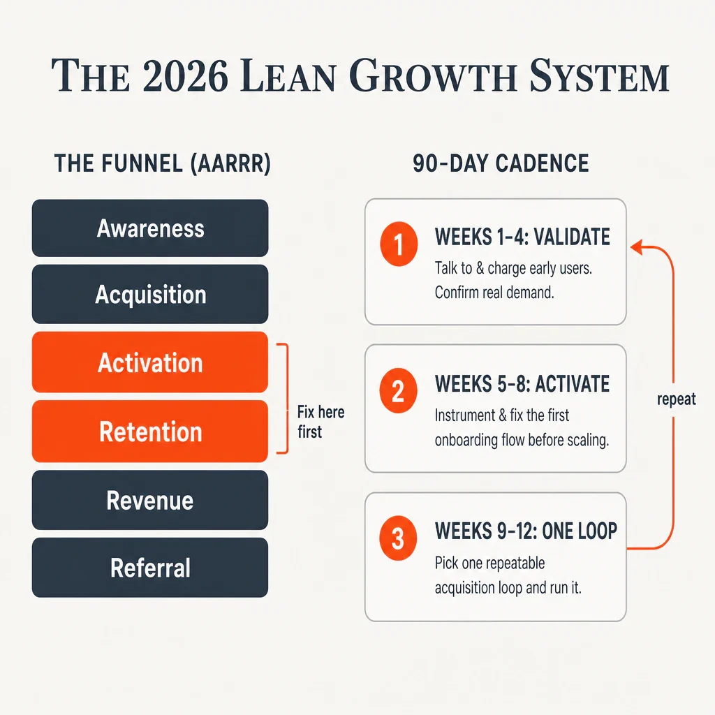 Infographic: the AARRR funnel with Activation and Retention highlighted as 'Fix here first,' beside a 90-day cadence...