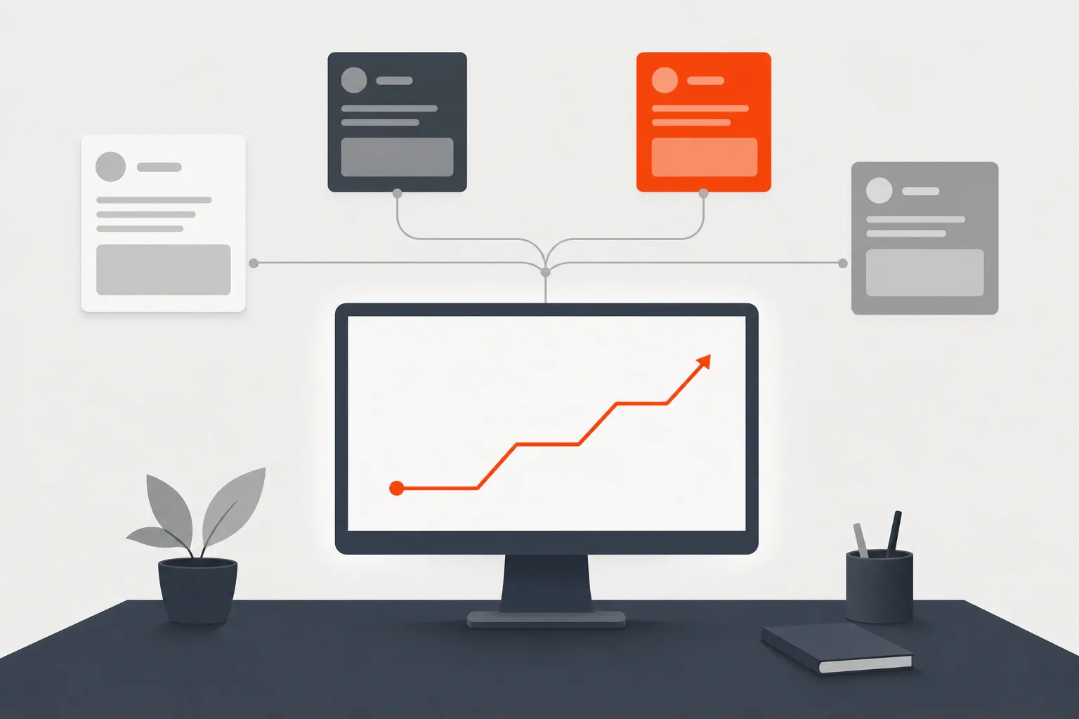 Abstract illustration of a screen showing a small upward growth trajectory with floating post cards feeding into one...