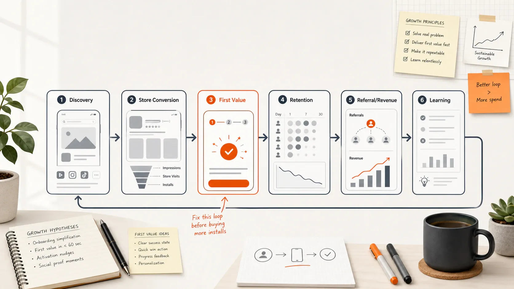 A clean app growth loop workspace showing discovery, store conversion, first value, retention, referral and learning...
