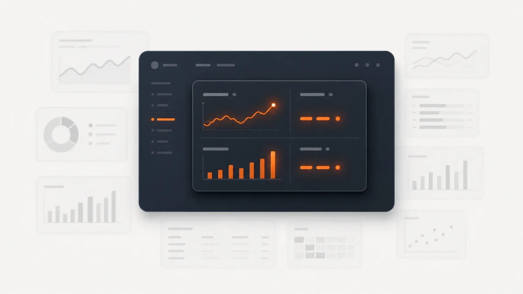 Abstract illustration of a lean growth scoreboard: one focused panel of metric tiles glowing in orange, surrounded by...