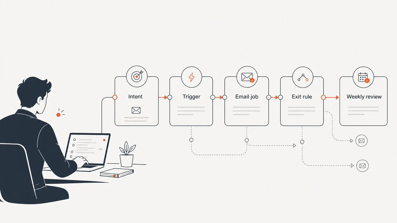 A founder working beside a workflow board showing an email sequence loop from intent to weekly review.