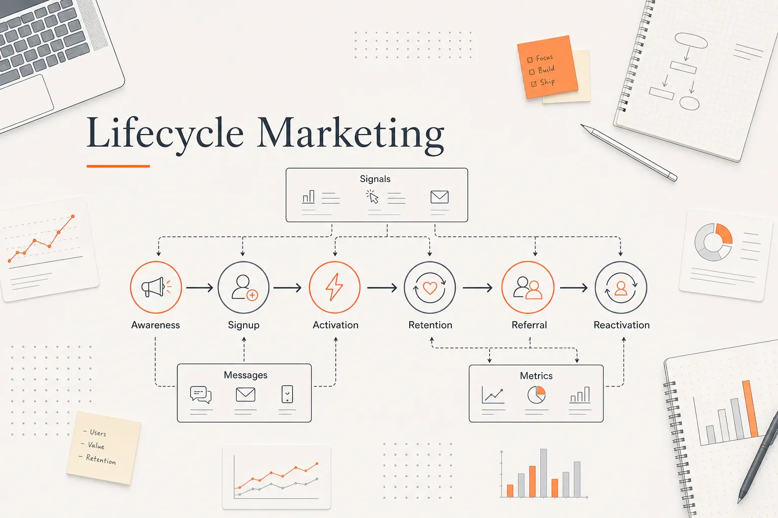 Lifecycle marketing flow from awareness to reactivation with signals and metrics