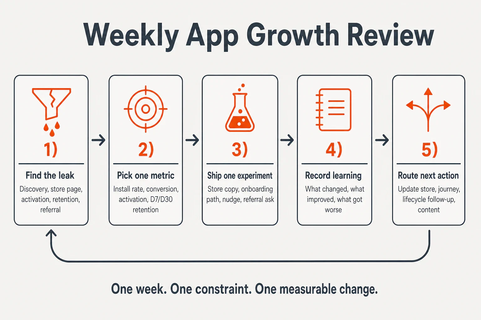 Five-step weekly app growth review from leak diagnosis to next action