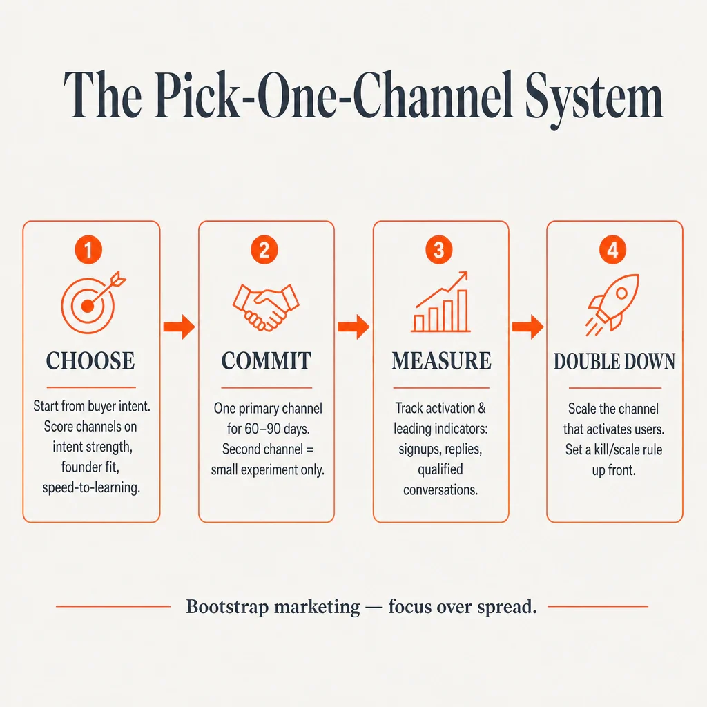 Process-flow infographic titled The Pick-One-Channel System with four steps: Choose (start from buyer intent, score c...