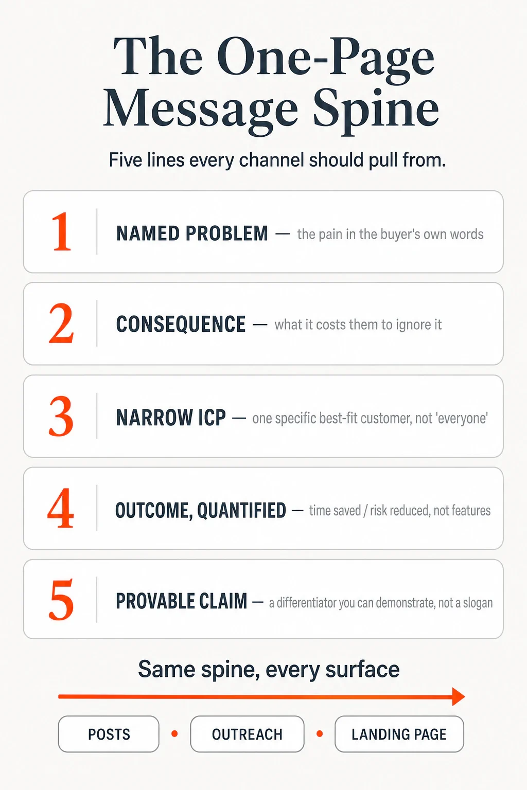 Infographic titled The One-Page Message Spine listing five lines — named problem, consequence, narrow ICP, quantified...