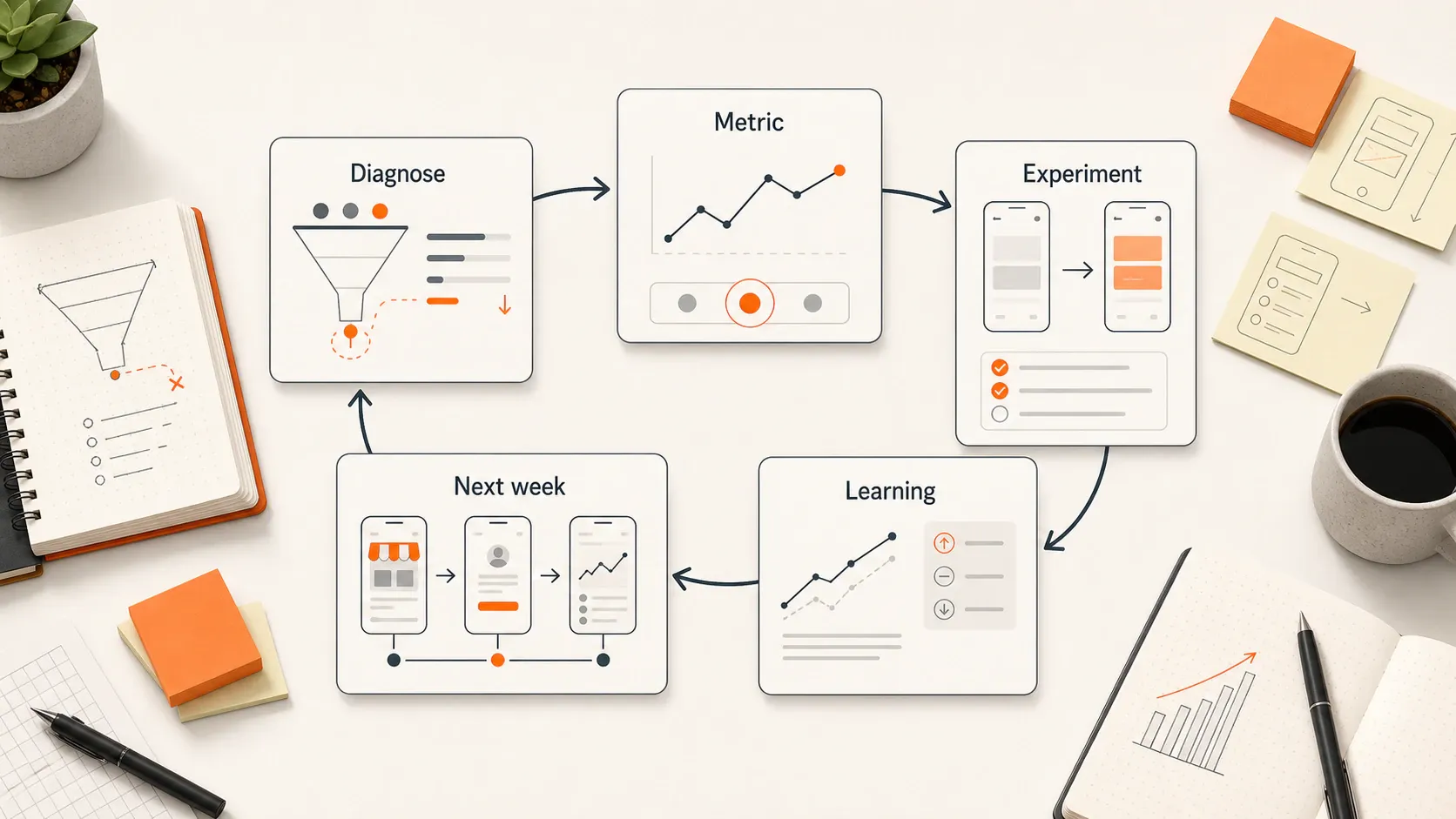 Weekly app growth loop connecting diagnosis, metrics, experiments, learning, and next actions