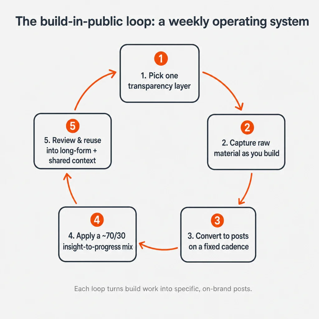 Infographic of the five-step weekly build-in-public loop: pick a transparency layer, capture raw material, convert to...