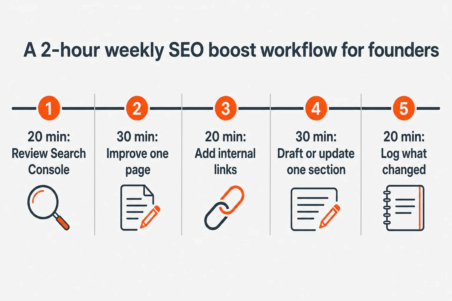 A five-step two-hour weekly SEO workflow showing review Search Console, improve one page, add internal links, draft o...